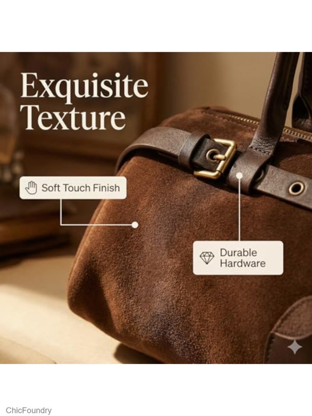 Suede Fabric Boston Shoulder Bag, Bowling Bag Purse, Retro Underarm Tote - Picture 3 of 6